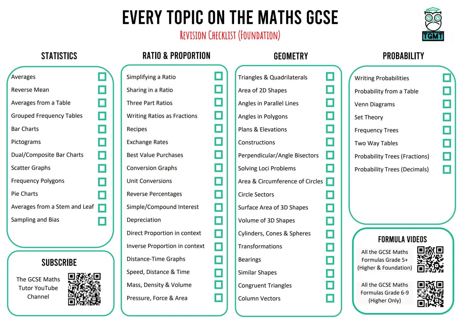 TGMT
REVISION
CHECKLIST
FOR GCSE MATHS
EVERY TOPIC YOU NEED TO REVISE
TO PASS YOUR GCSE MATHS EXAM
FOUNDATION TIER
WWW.THEGCSEMATHSTUT