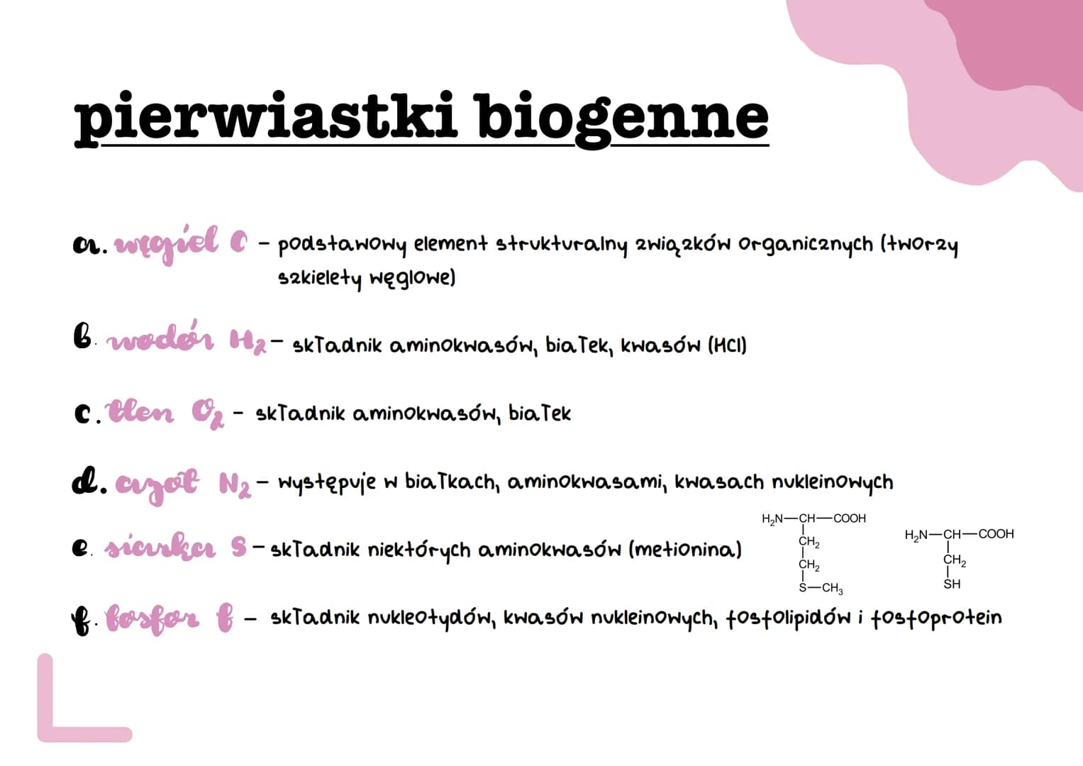 # pierwiastki biogenne
a. węgiel C - podstawowy element strukturalny związków organicznych (tworzy
szkielety węglowe)
b. wodór H₂- składni