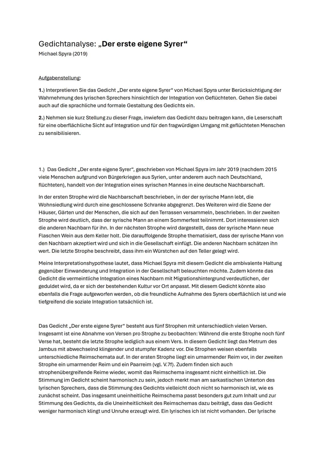 Gedichtanalyse: „Der erste eigene Syrer"
Michael Spyra (2019)
Aufgabenstellung:
1.) Interpretieren Sie das Gedicht „Der erste eigene Syrer