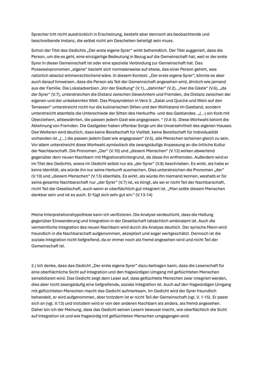 Gedichtanalyse: „Der erste eigene Syrer"
Michael Spyra (2019)
Aufgabenstellung:
1.) Interpretieren Sie das Gedicht „Der erste eigene Syrer
