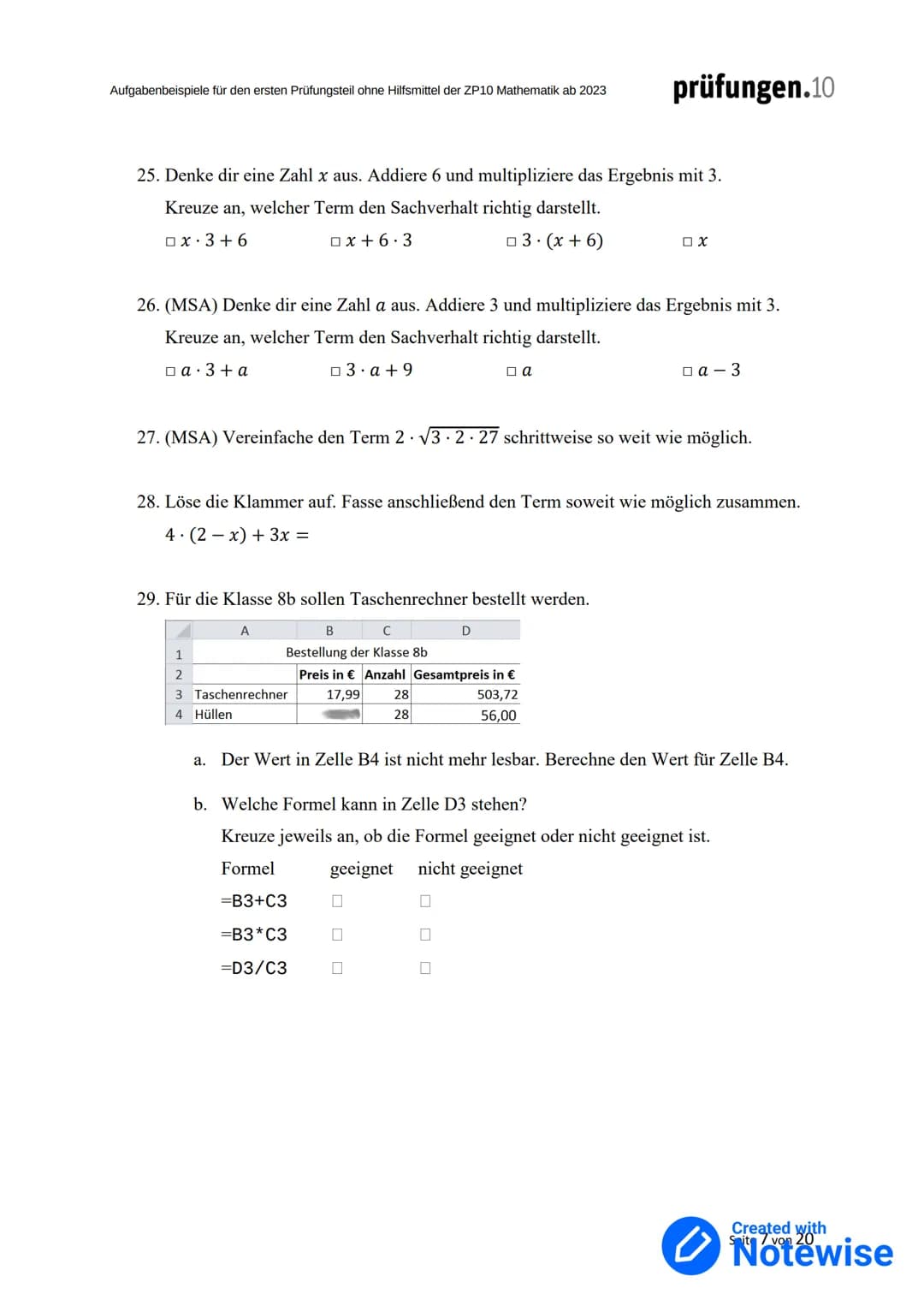 Aufgabenbeispiele
für den ersten Prüfungsteil ohne
Hilfsmittel der ZP10 Mathematik
ab 2023
Herausgegeben von der
Qualitäts- und Unterstützu