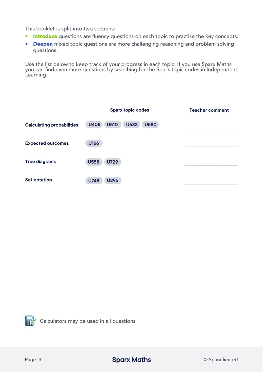 # Sparx Maths
# Crossover Workbook 5
Probability
sparxmaths.com In this series of six workbooks, there are a range of questions from key
