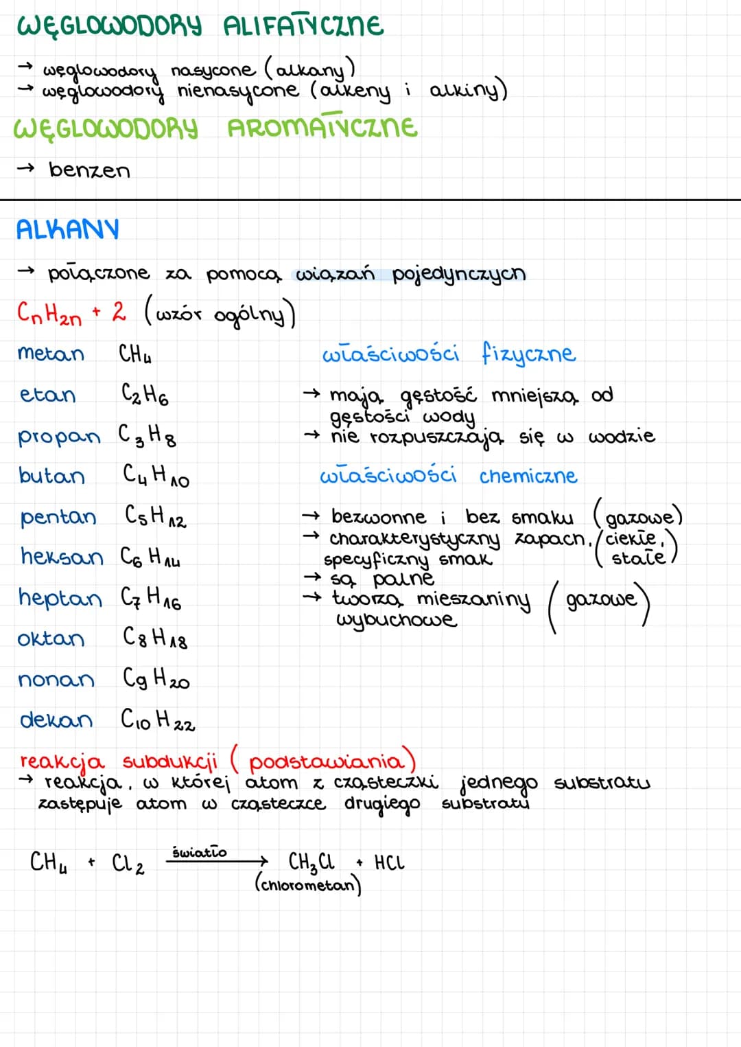 # WĘGLOWODORY ALIFATYCZNE
→ węglowodory nasycone (alkany)
→ węglowodory nienasycone (aukeny i alkiny)
# WĘGLOWODORY AROMATYCZNE
→ benzen