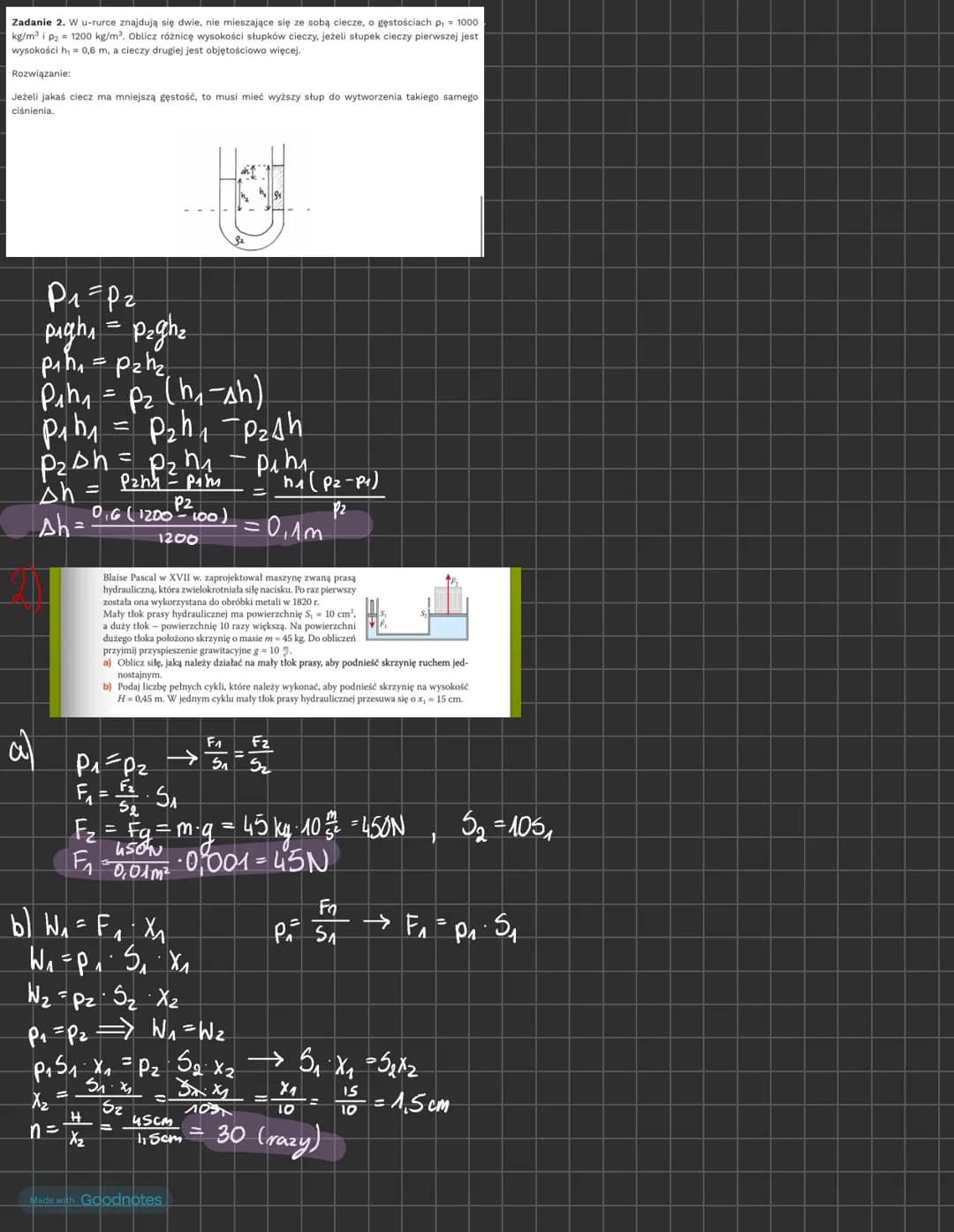 Made with Goodnotes # hydrostatyka
$p = \frac{F}{S}$, gdzie:
p- ciśnienie hydrostatyczne
F- siła
S- powierzchnia działania siły
$F = Q