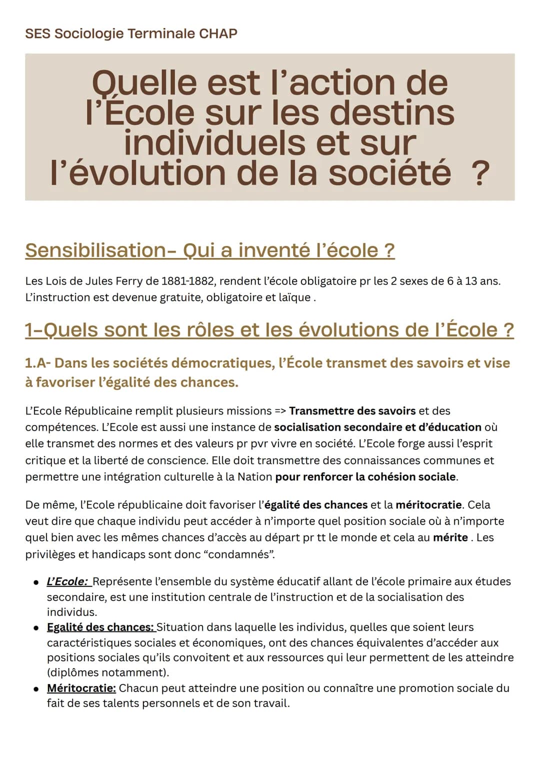 SES Sociologie Terminale CHAP
# Quelle est l'action de
# l'Ecole sur les destins
# individuels et sur
# l'évolution de la société ?
Sensib