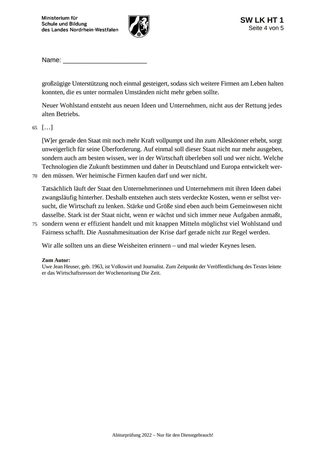Ministerium für
Schule und Bildung
des Landes Nordrhein-Westfalen
Name:
SW LK HT 1
Seite 1 von 5
Abiturprüfung 2022
Sozialwissenschaften,