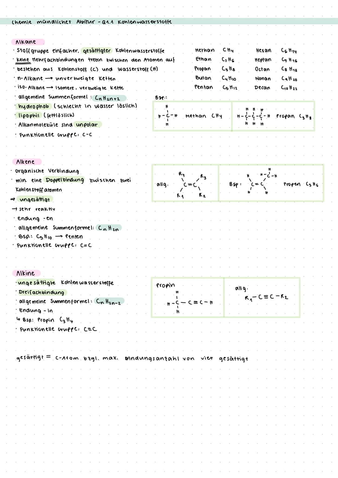 Chemie mündliches Abitur Q1.1 Konlenwasserstoffe
Alkane
* Stoffgruppe einfacher, gesättigter Kohlenwasserstoffe
* keine Mehrfachbindung
