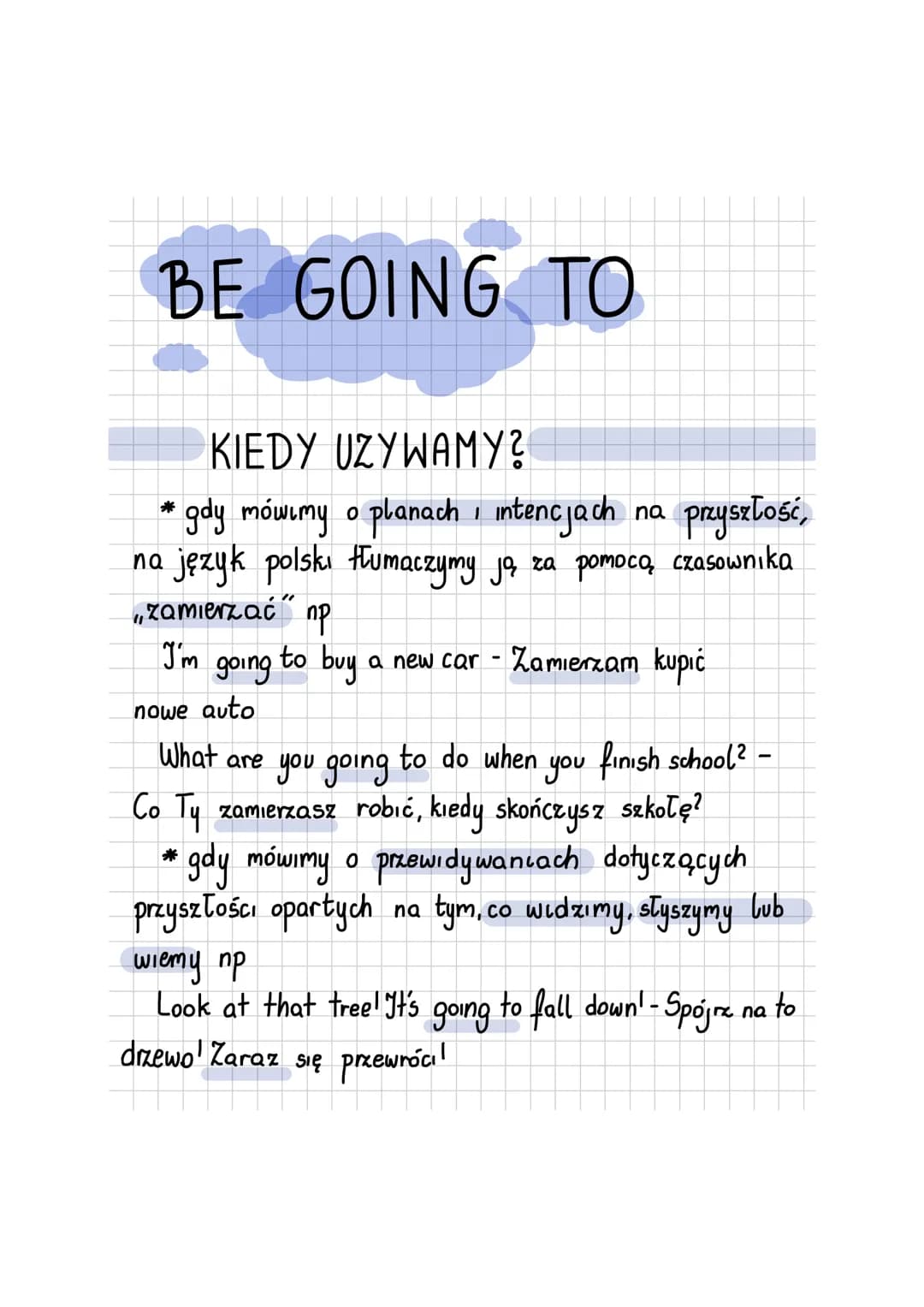 # BE GOING TO
KIEDY UZYWAMY?
* gdy mówimy o planach i intencjach na przyszłość,
na język polski tłumaczymy ją za pomocą czasownika
„zamierz
