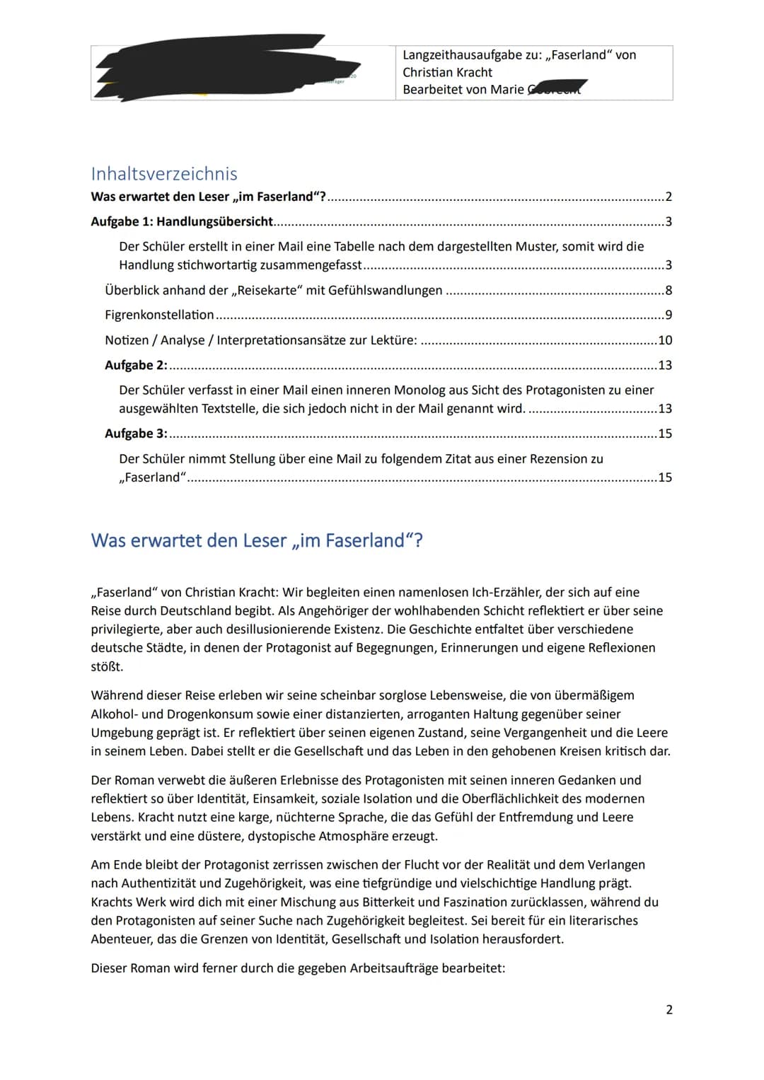 Langzeithausaufgabe zu: „Faserland" von
Christian Kracht
Bearbeitet von Marie,
Langzeithausaufgabe zu: „Faserland“ von
Christian Kracht
FA