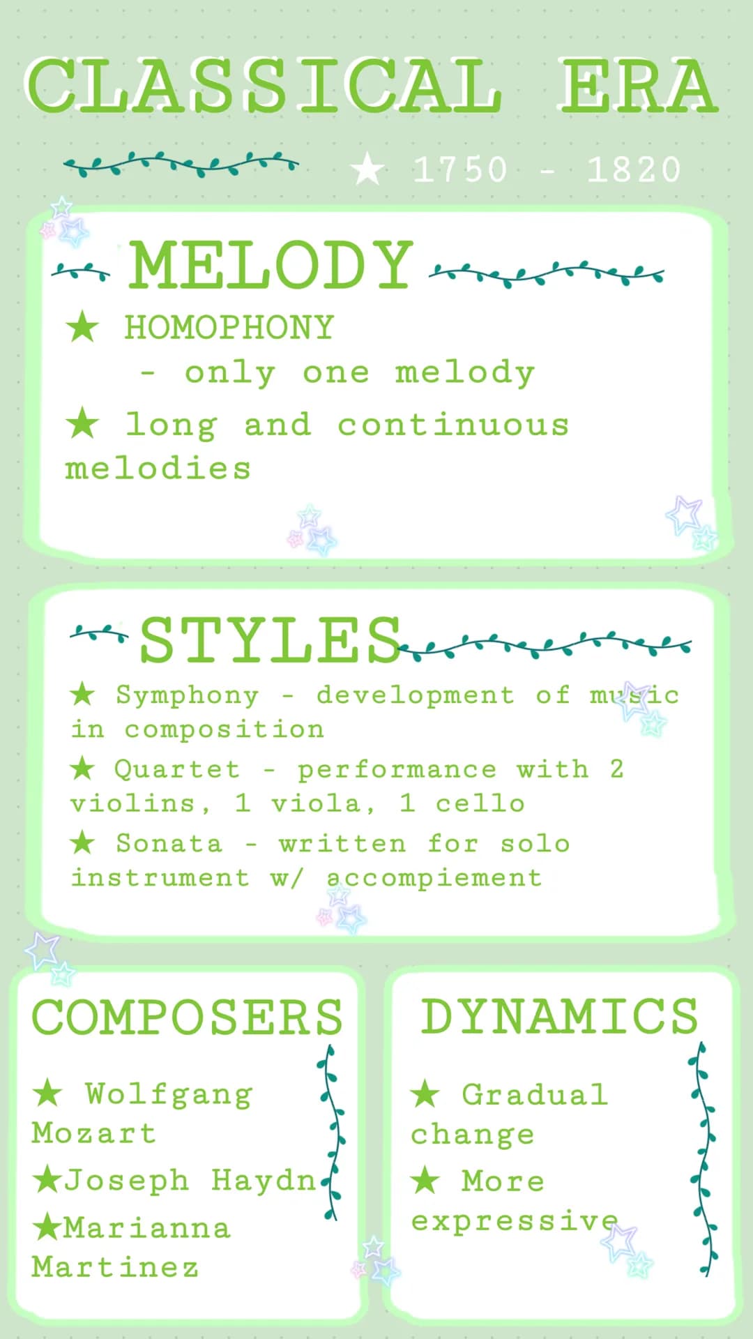 # CLASSICAL ERA
## MELODY
* HOMOPHONY
* only one melody
* long and continuous
melodies
## STYLES
* Symphony - development of