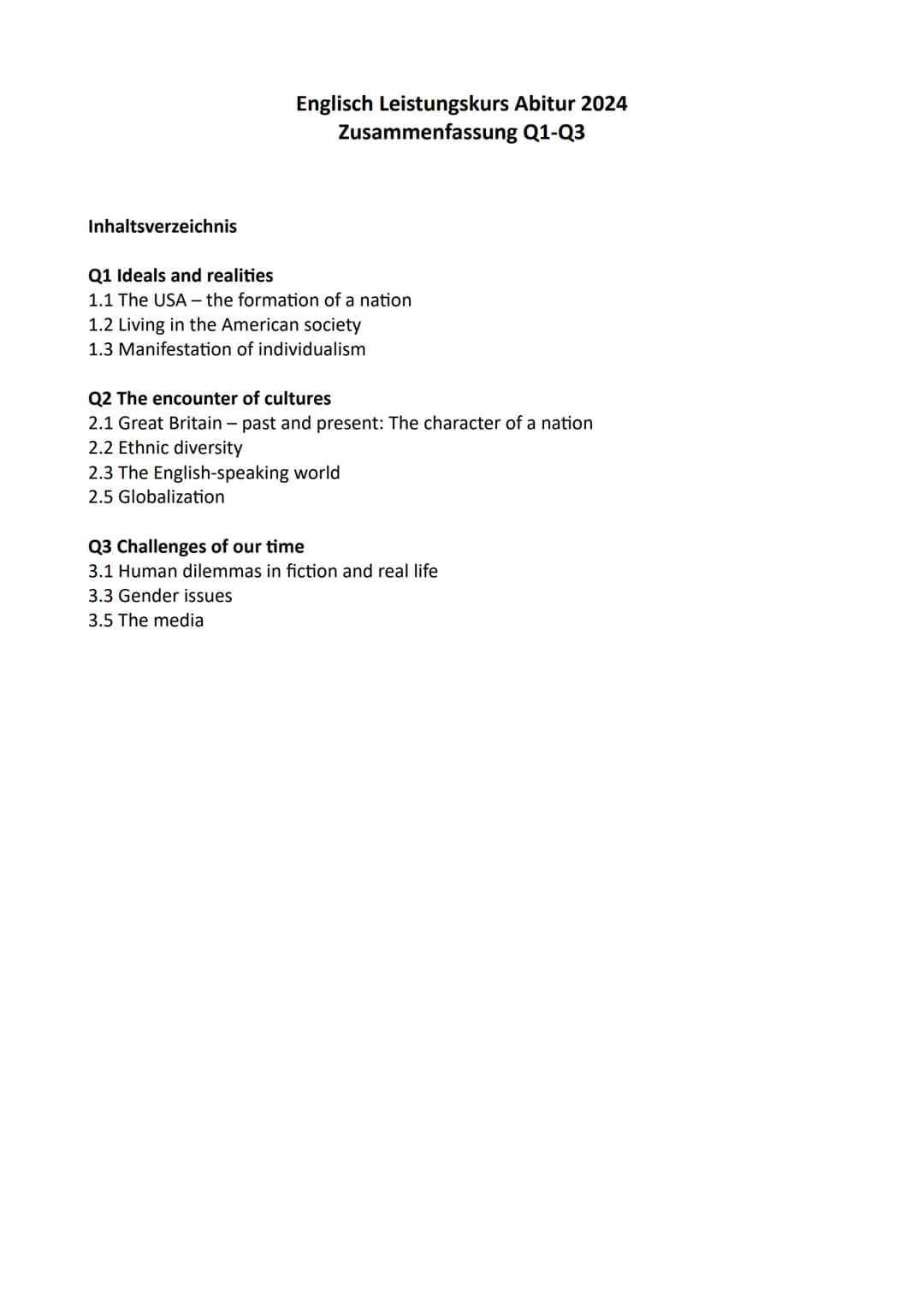 Englisch Leistungskurs Abitur 2024
Zusammenfassung Q1-Q3
Inhaltsverzeichnis
Q1 Ideals and realities
1.1 The USA - the formation of a natio