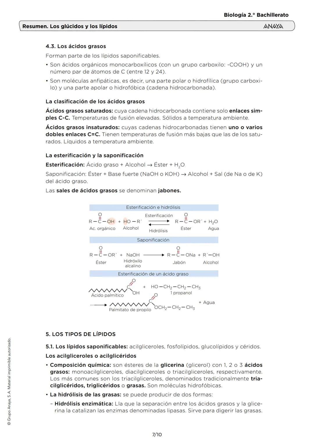 # Resumen. Los glúcidos y los lípidos
Biología 2.º Bachillerato
ANAYA
1. LAS CARACTERÍSTICAS DE LOS GLÚCIDOS
Son biomoléculas orgánicas f