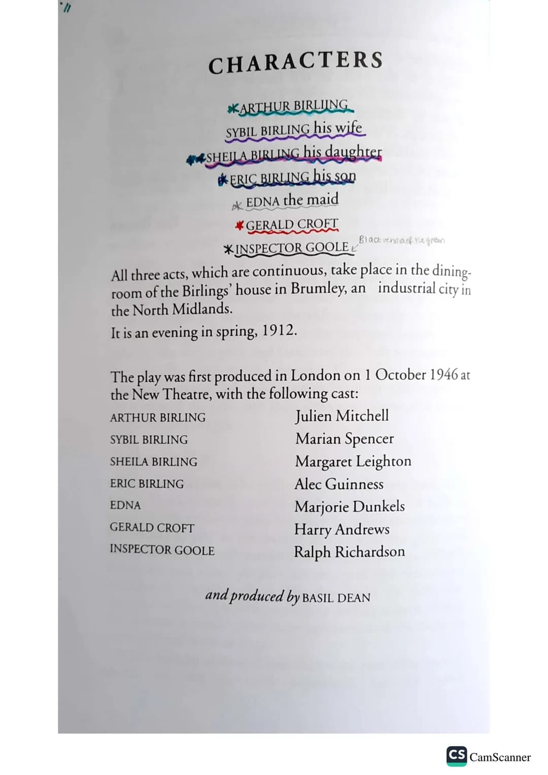 # CHARACTERS
ARTHUR BIRLIING
SYBIL BIRLING his wife
SHEILA BIRLING his daughter
ERIC BIRLING his son
ok EDNA the maid
GERALD CROFT
*INSPECT