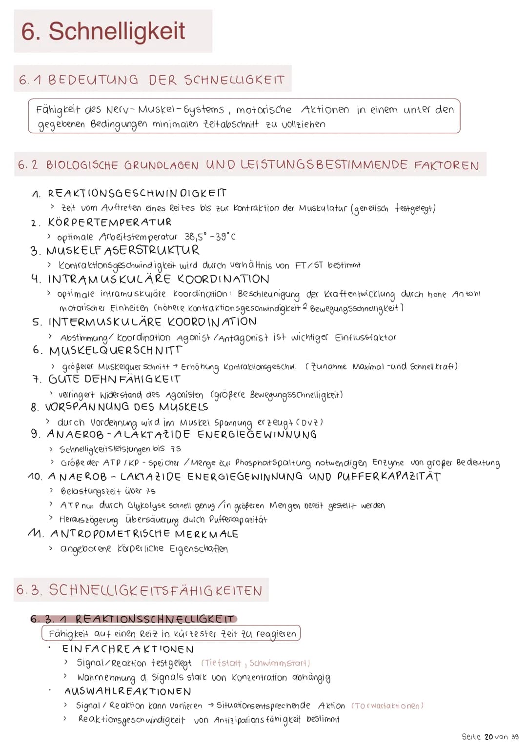 # 6. Schnelligkeit
6. 1 BEDEUTUNG DER SCHNELLIGKEIT
Fähigkeit des Nerv-Muskel-Systems, motorische Aktionen in einem unter den
gegebenen B
