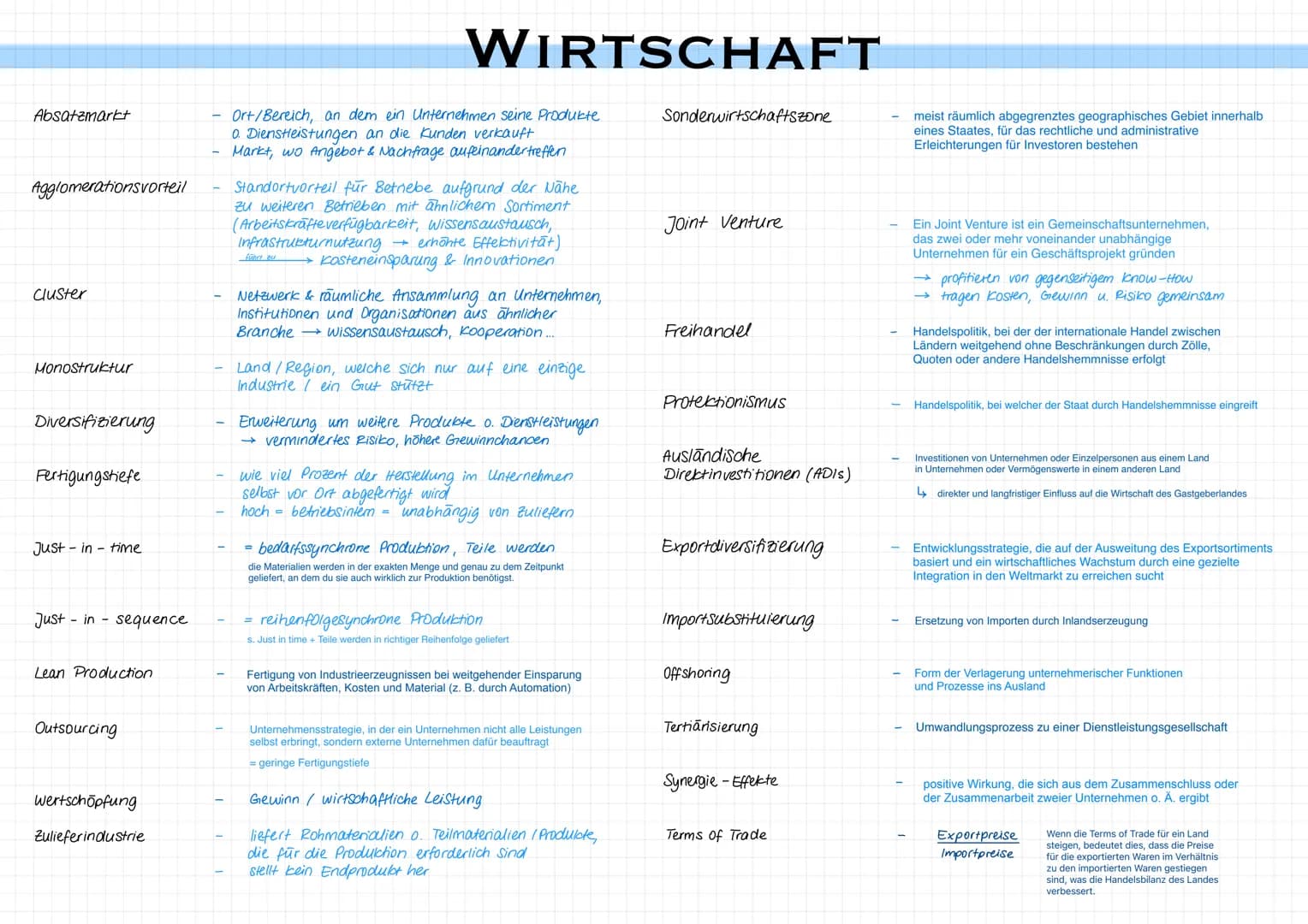 # WIRTSCHAFT
Absatzmarkt
Agglomerationsvorteil
Cluster
Monostruktur
Diversifizierung
Fertigungstiefe
Just-in-time
Just - in sequence