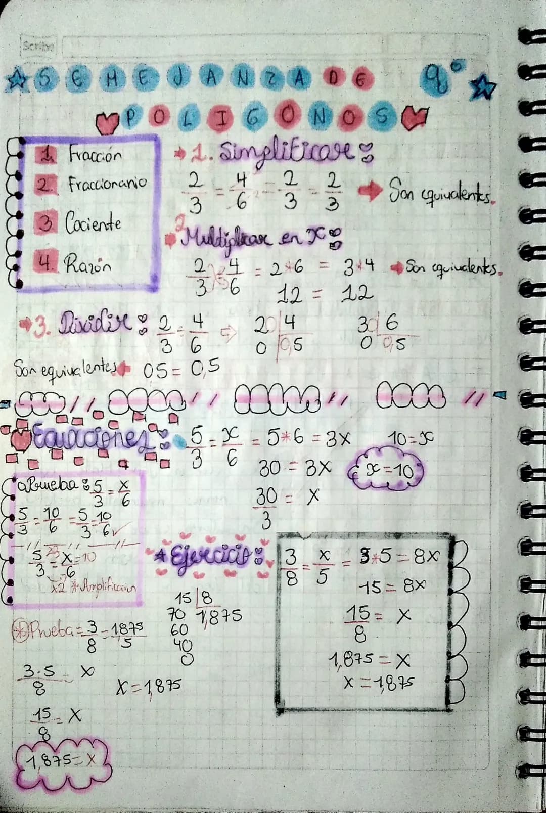 Scribe
# SEHEJANZA DE
## POLIGONOS
- 1. Fracción
- 2. Fraccionanio
- 3. Cociente
- 4. Razón
* 1. Simplificave
$
\frac{2}{3} - \frac{4}{6}