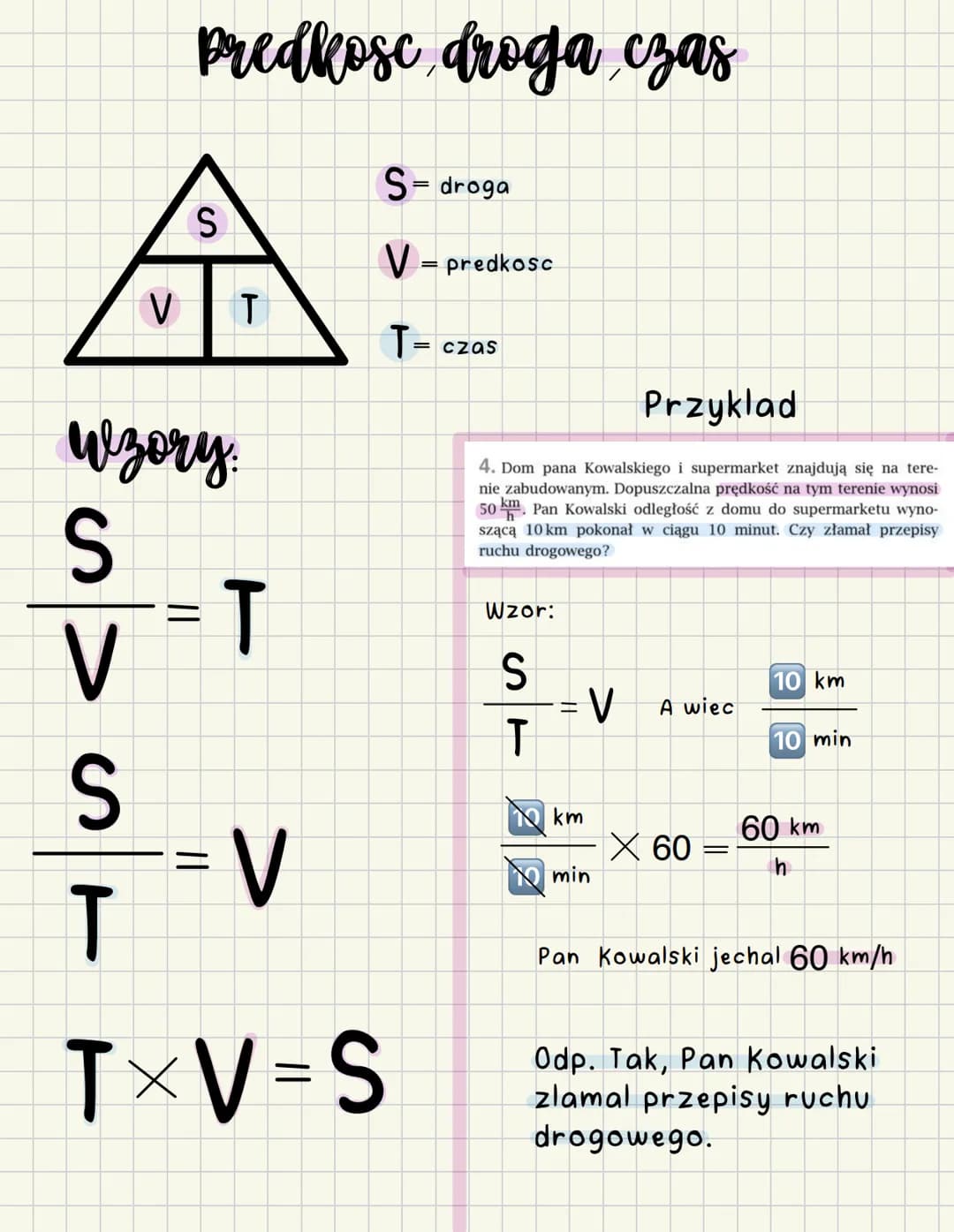 # Predkosc droga czas
S= droga
V = predkosc
T= czas
Wzory:
$
\frac{S}{V} = T
$
$
\frac{S}{T} = V
$
$
T \times V = S
$
Przyklad
4.