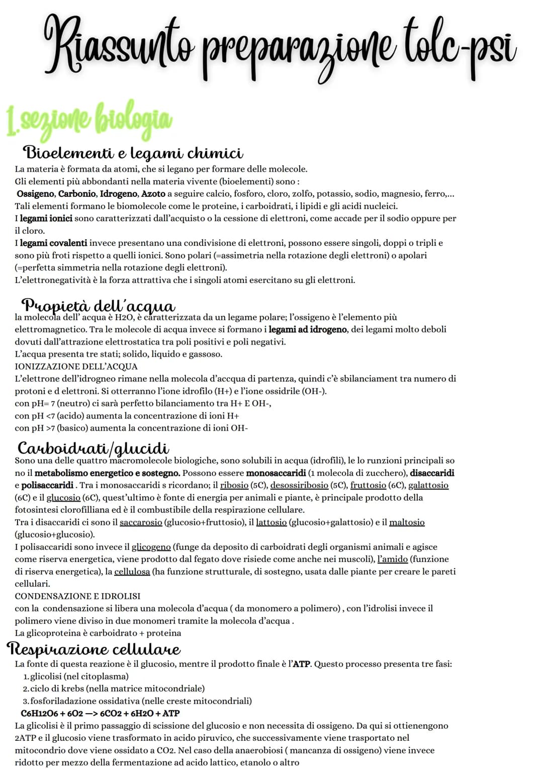 # Riassunto preparazione tolc-psi
1. sezione biologia
Bioelementi e legami chimici
La materia è formata da atomi, che si legano per forma