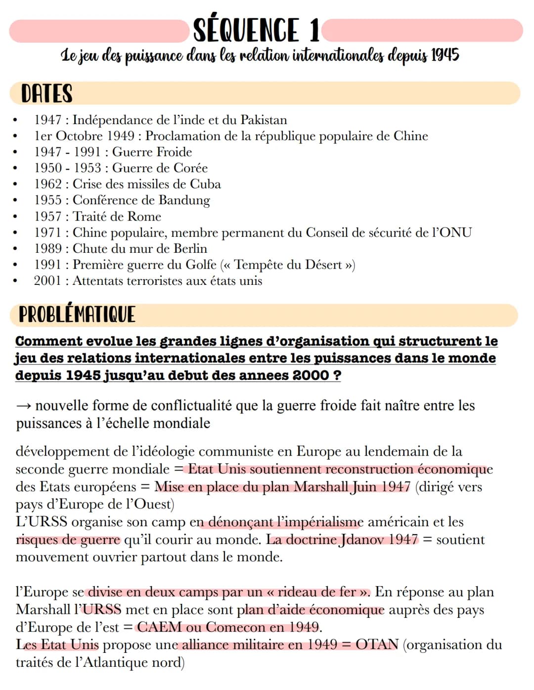 # SÉQUENCE 1
Le jeu des puissance dans les relation internationales depuis 1945
# DATES
- 1947: Indépendance de l'inde et du Pakistan
- ler