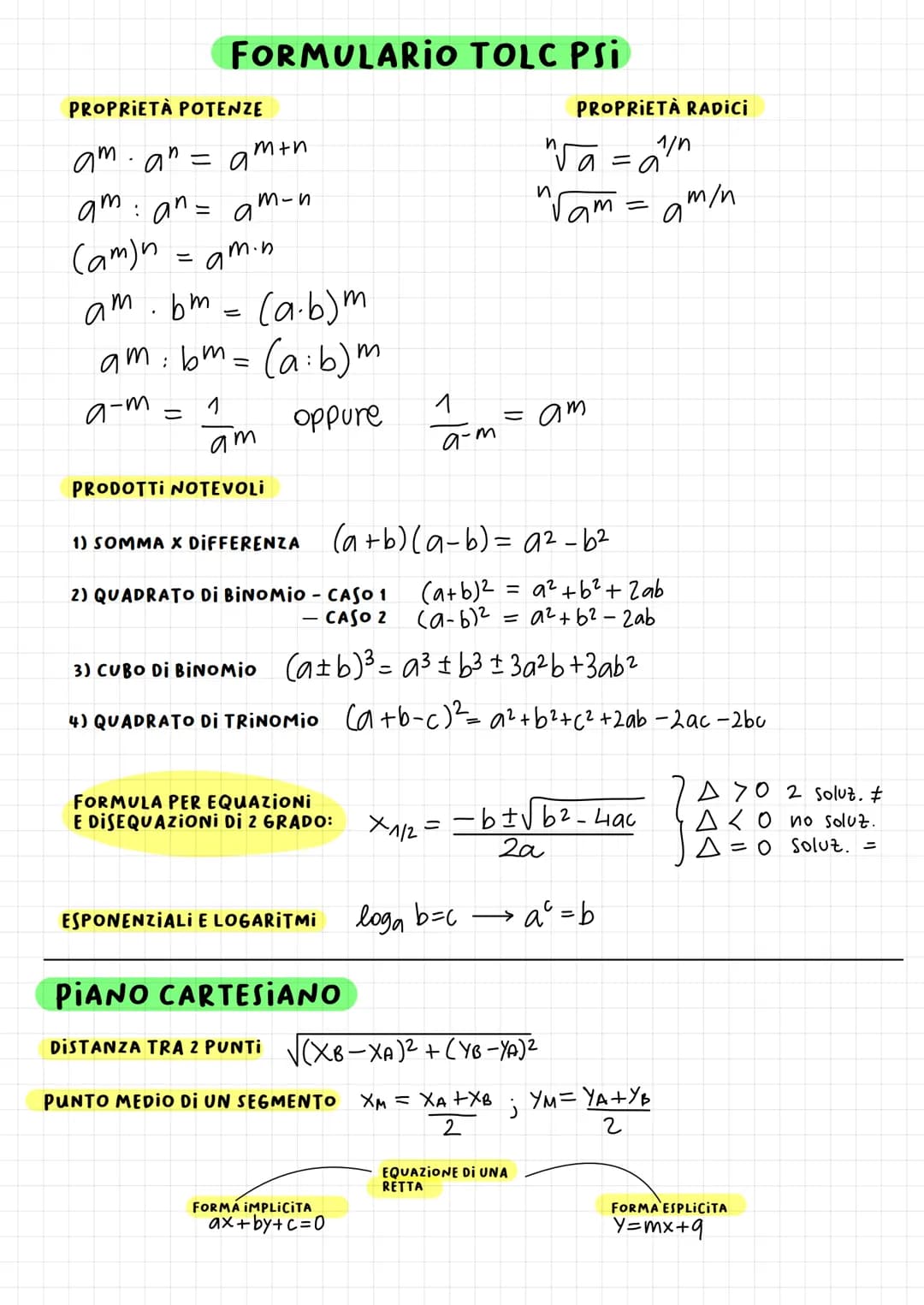 # FORMULARIO TOLC PSI
PROPRIETÀ POTENZE
$a^m \cdot a^n = a^{m+n}$
$a^m : a^n = a^{m-n}$
$(a^m)^n = a^{m \cdot n}$
$a^m \cdot b^m = (a \