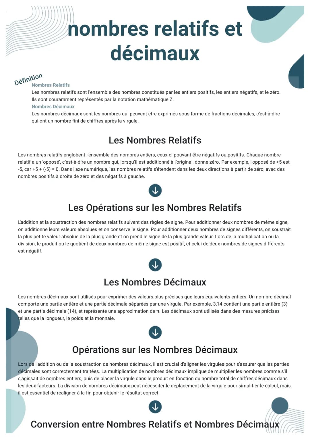 # nombres relatifs et
décimaux
Définition
Nombres Relatifs
Les nombres relatifs sont l'ensemble des nombres constitués par les entiers pos
