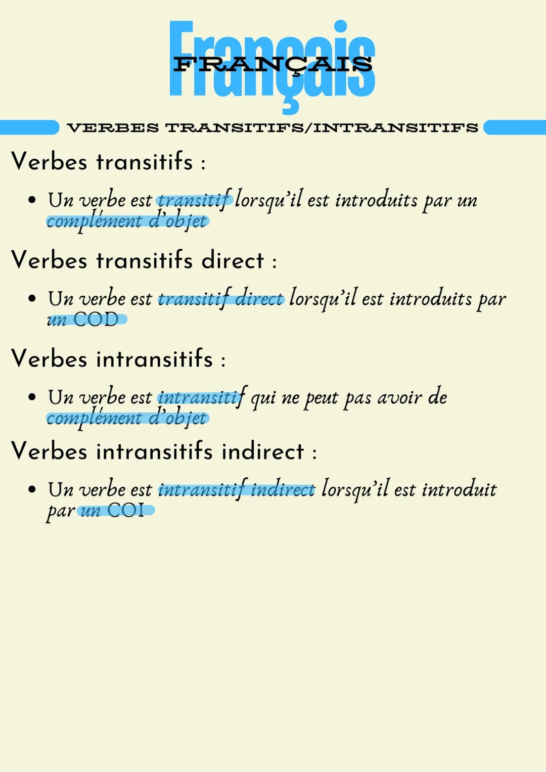 # Cronosio
FRANÇAIS
VERBES TRANSITIFS/INTRANSITIFS
Verbes transitifs :
* Un verbe est transitif lorsqu'il est introduits par un
complément