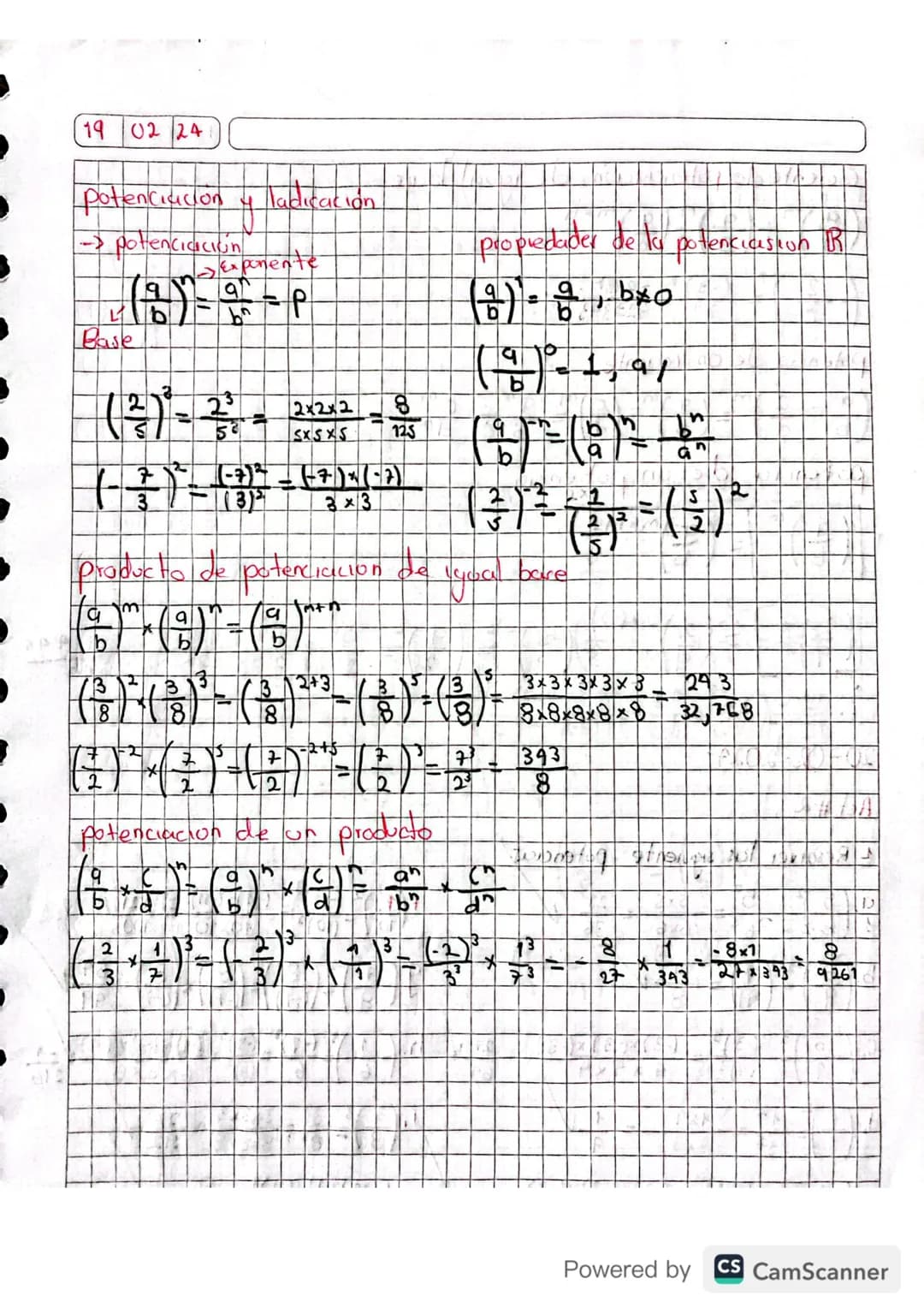 19 02 24
potenciación y ladicación
- potenciación
Base
Exponente
$
\frac{a}{b}
)^n = \frac{a^n}{b^n} = p$
$
(\frac{2}{5})^3 = \frac{2^