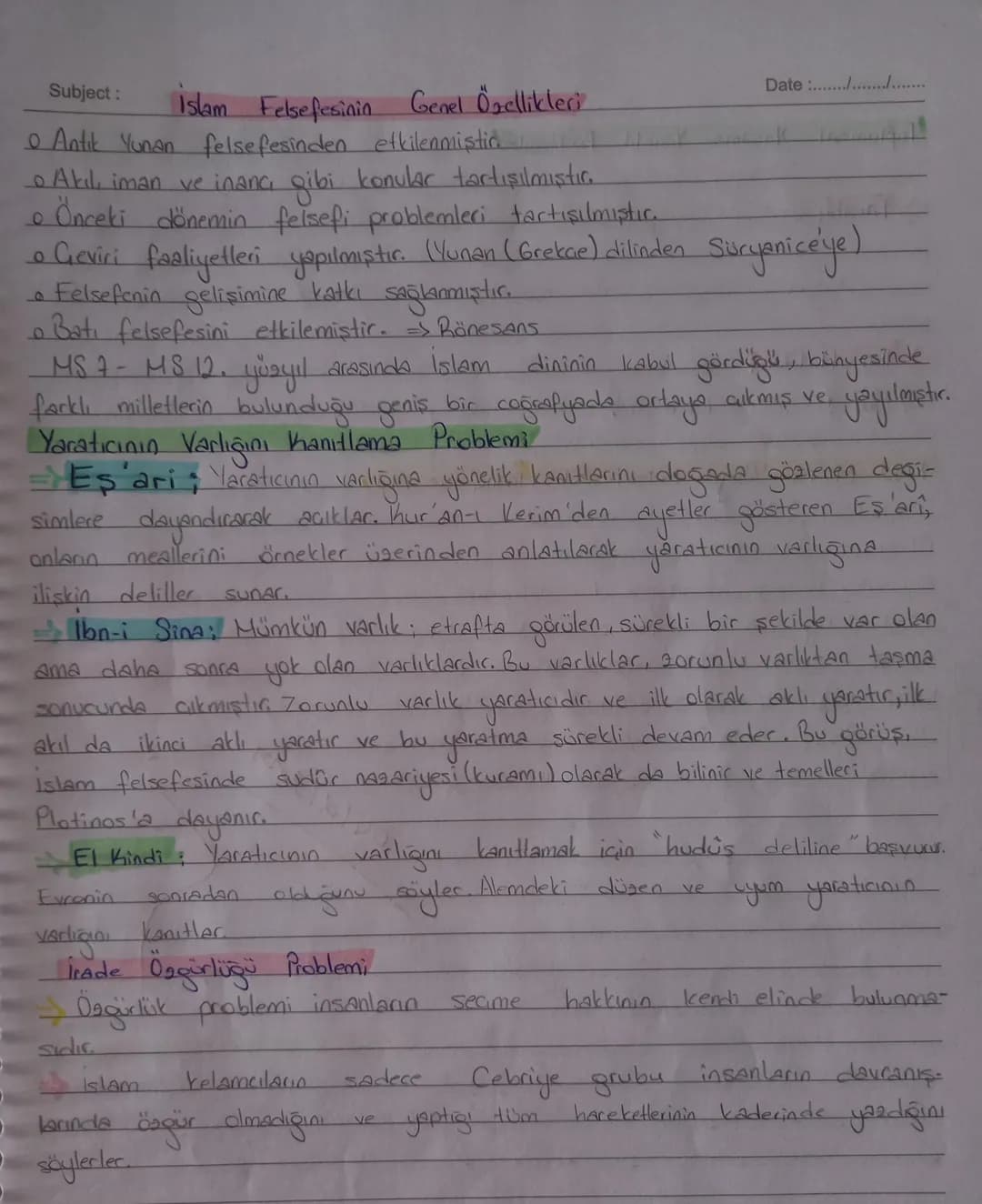 Subject:
Date :......./..............
MS2- MS15. Yüzyıl Felsefesinin ortaya Çıkışı
$
\rightarrow$ Bu dönemde din, felsefenin neredeyse te