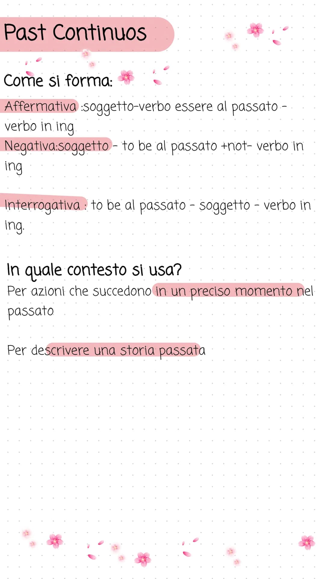 # Past Continuos
Come si forma:
Affermativa soggetto-verbo essere al passato
verbo in ing
Negativa:soggetto - to be al passato +not- verb
