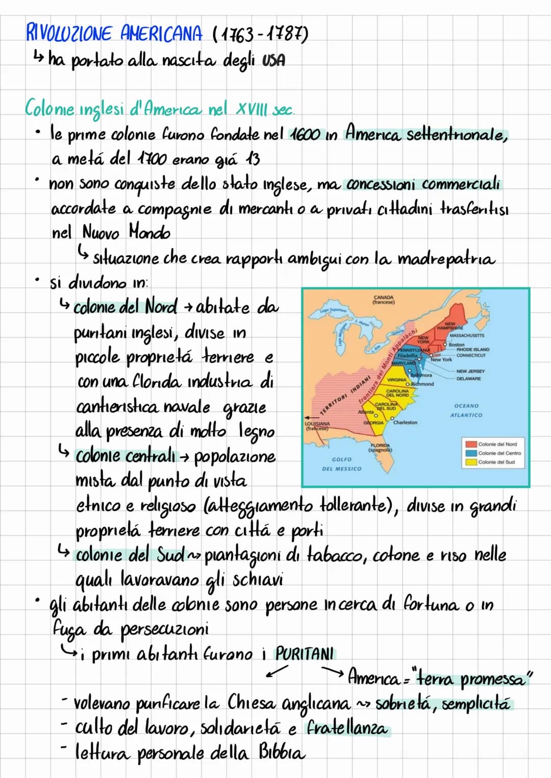 # RIVOLUZIONE AMERICANA (1763-1787)
↳ ha portato alla nascita degli USA
Colome inglesi d'America nel XVIII sec.
- le prime colonie furono