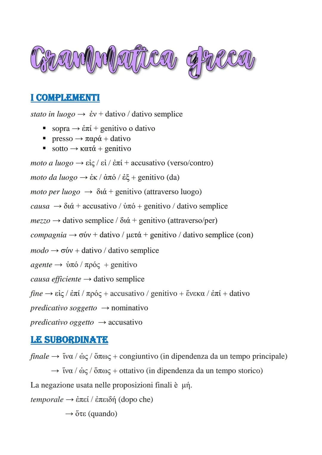 # Grammatica greca
I COMPLEMENTI
stato in luogo → ἐν + dativo / dativo semplice
* sopra → ἐπί + genitivo o dativo
* presso – παρά + d