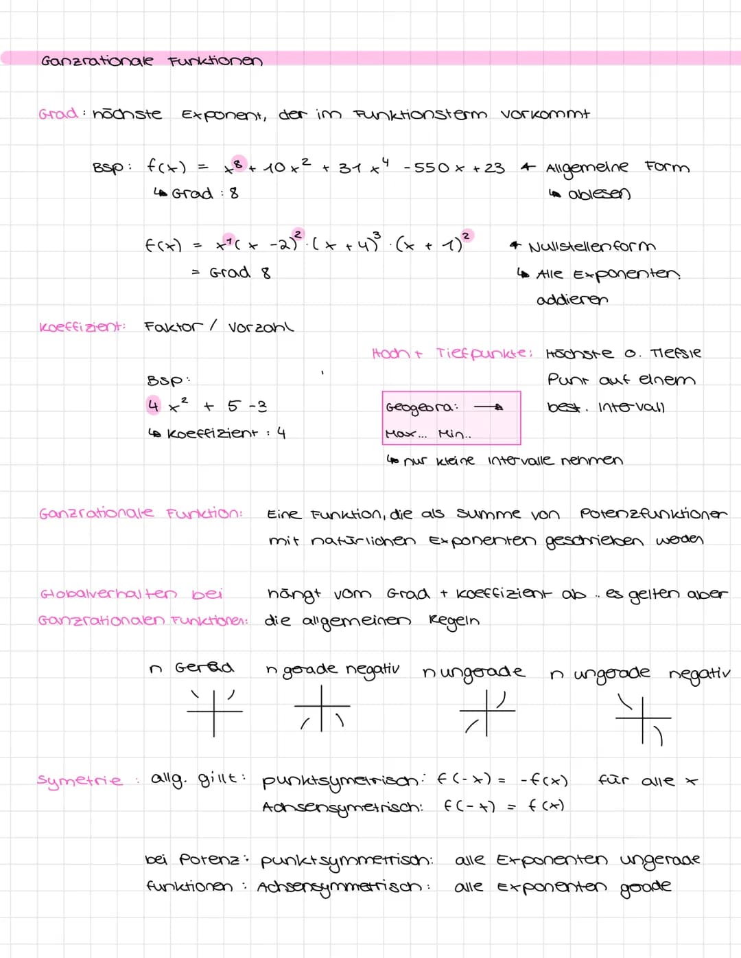 Ganzrationale Funktionen
Grad: nöchste Exponent, der im Funktionsterm vorkommt
BSP: f(x) = +8 + 10 x² + 31 x 4-550x +23 + Allgemeine Form