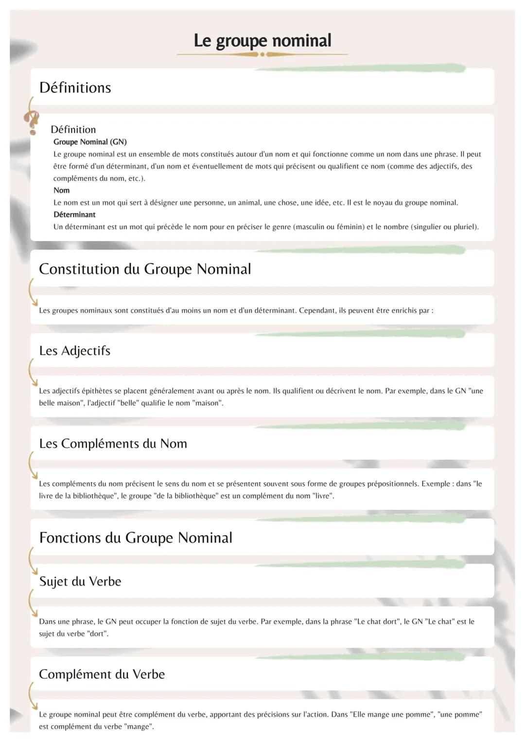 # Le groupe nominal
Définitions
## Définition
Groupe Nominal (GN)
Le groupe nominal est un ensemble de mots constitués autour d'un nom e
