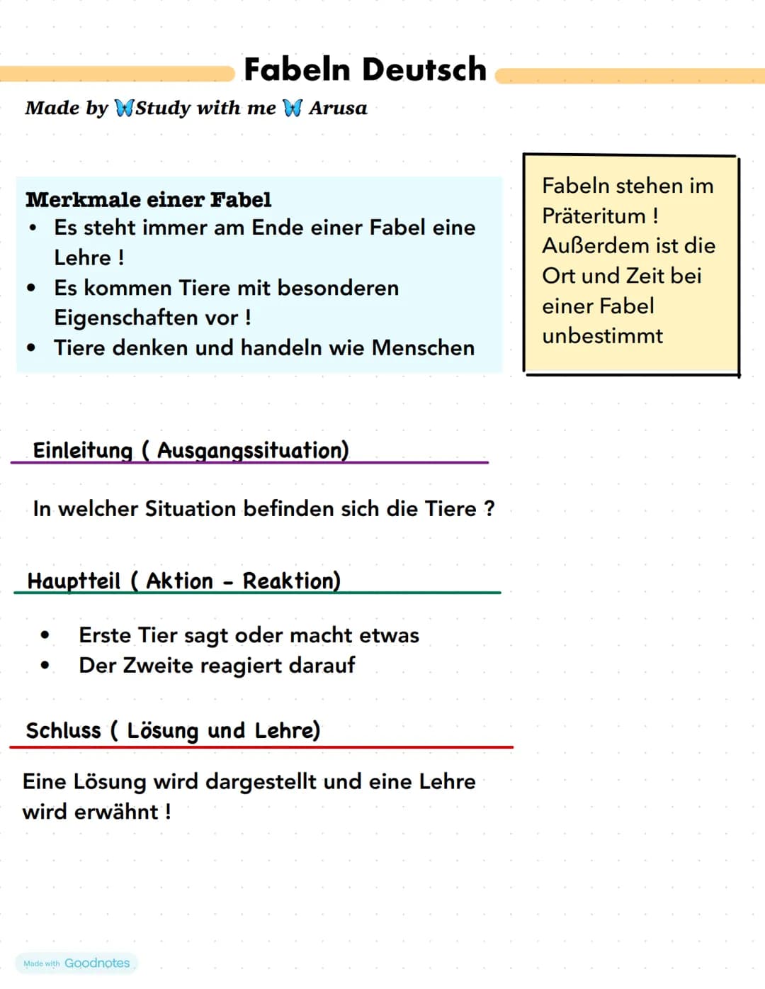# Fabeln Deutsch
Made by Study with me W Arusa
Merkmale einer Fabel
- Es steht immer am Ende einer Fabel eine
Lehre !
- Es kommen Tiere mit