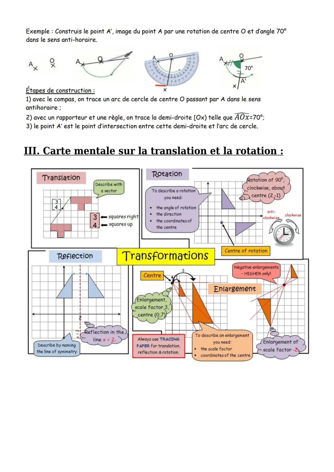 Cours de maths en 4ème
PDF
Translation et rotation
I. La translation :
Définition:
Effectuer la translation d'une figure F, c'est la dé
