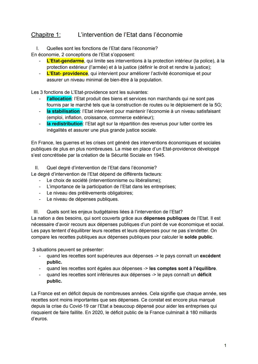 Chapitre 1:
L'intervention de l'Etat dans l'économie
1. Quelles sont les fonctions de l'Etat dans l'économie?
En économie, 2 conceptions de