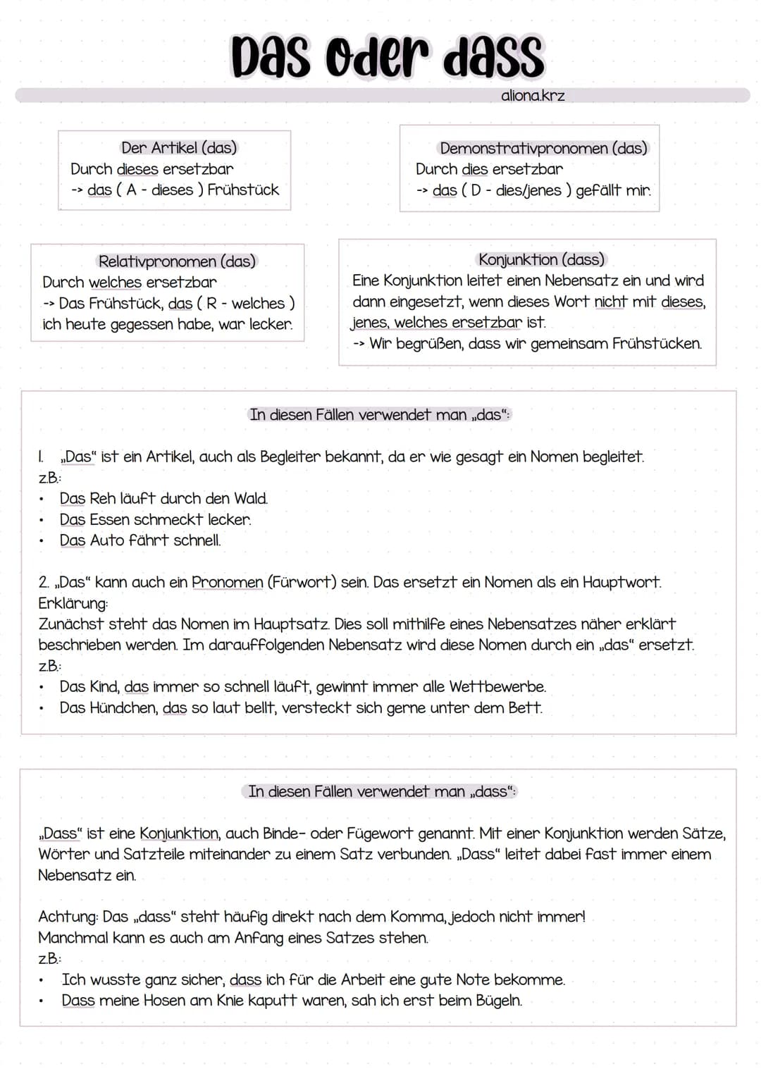 # Das oder dass
Der Artikel (das)
Durch dieses ersetzbar
-> das (A - dieses) Frühstück
Relativpronomen (das)
Durch welches ersetzbar
-> Da