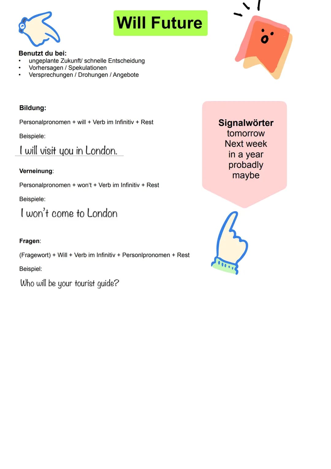 Simple present
Benutzt du bei:
* einzelne, wiederholte und regelmäßige Handlungen
Bildung:
Personalpronomen + (Hilfsverb) + Verb mit s (he
