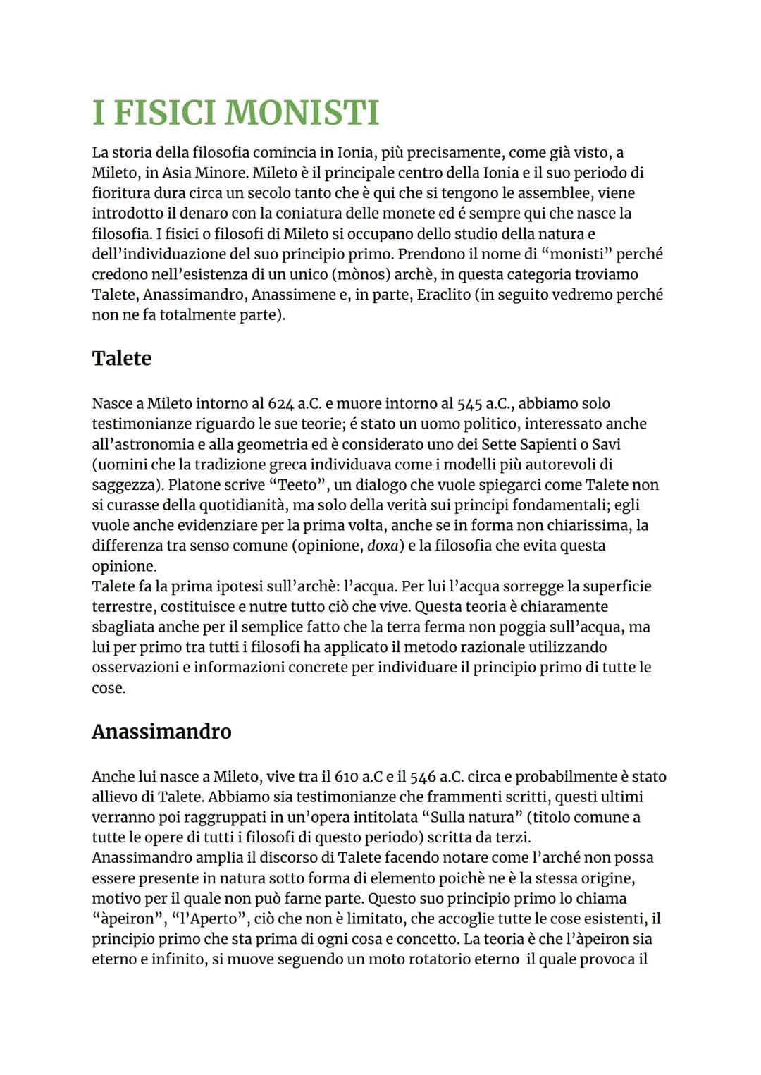 # I FISICI MONISTI
La storia della filosofia comincia in Ionia, più precisamente, come già visto, a
Mileto, in Asia Minore. Mileto è il pri