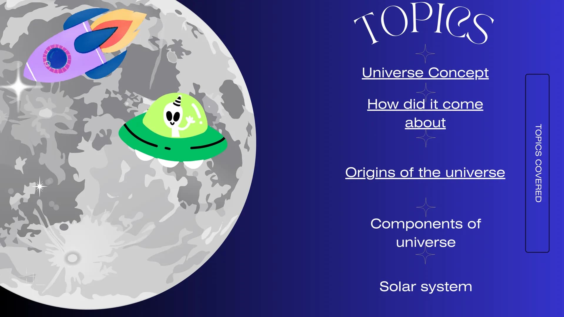 # THE
# UNIVERSE
UNIVERSE
By:
Ana Sofia Gomez
Jacobo Granada
Lucia Mesa TOPICS
Universe Concept
How did it come
about
Origins of the un