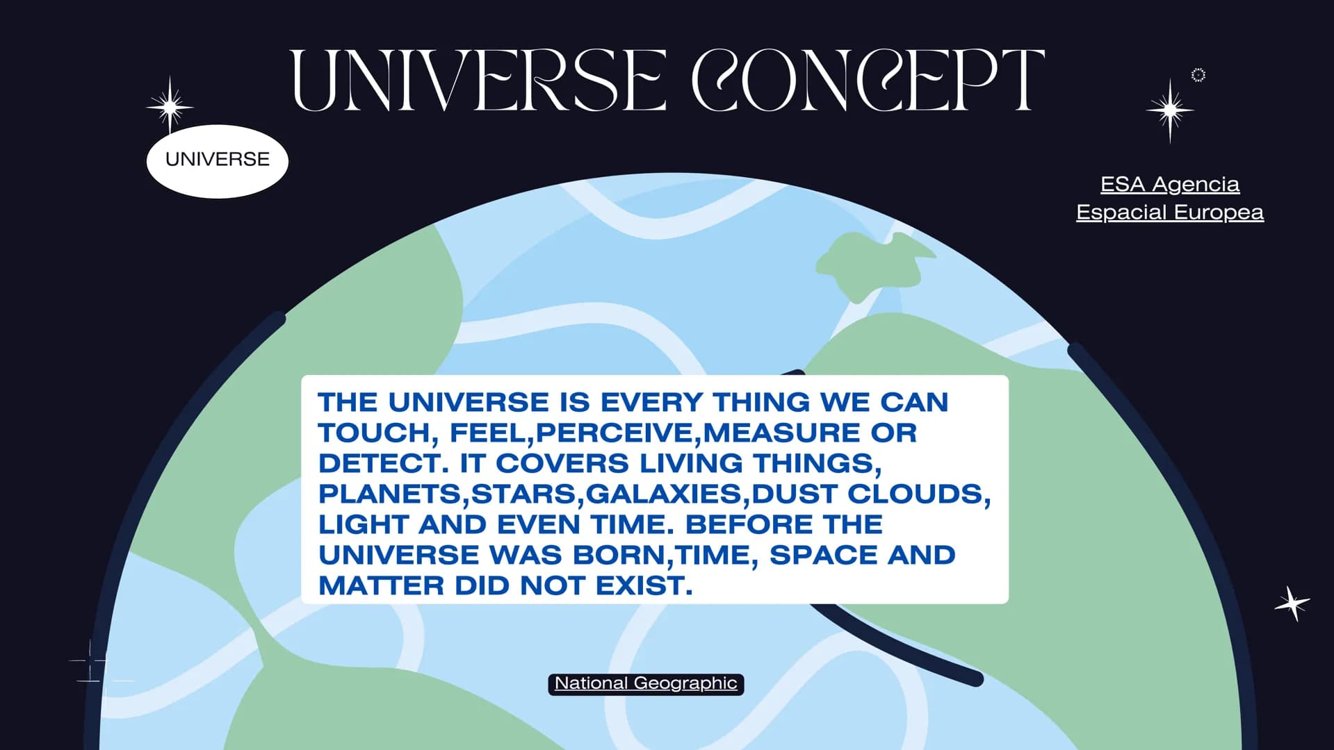 # THE
# UNIVERSE
UNIVERSE
By:
Ana Sofia Gomez
Jacobo Granada
Lucia Mesa TOPICS
Universe Concept
How did it come
about
Origins of the un