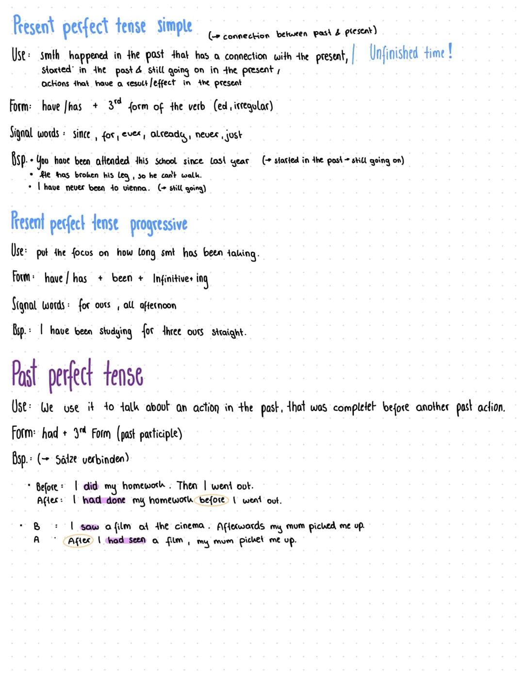 # • All Tenses.
Present tense simple
Use habits, when smth happens repeatly (routine), facts
Form: he/she lit das S geht mit!
Signalwords: