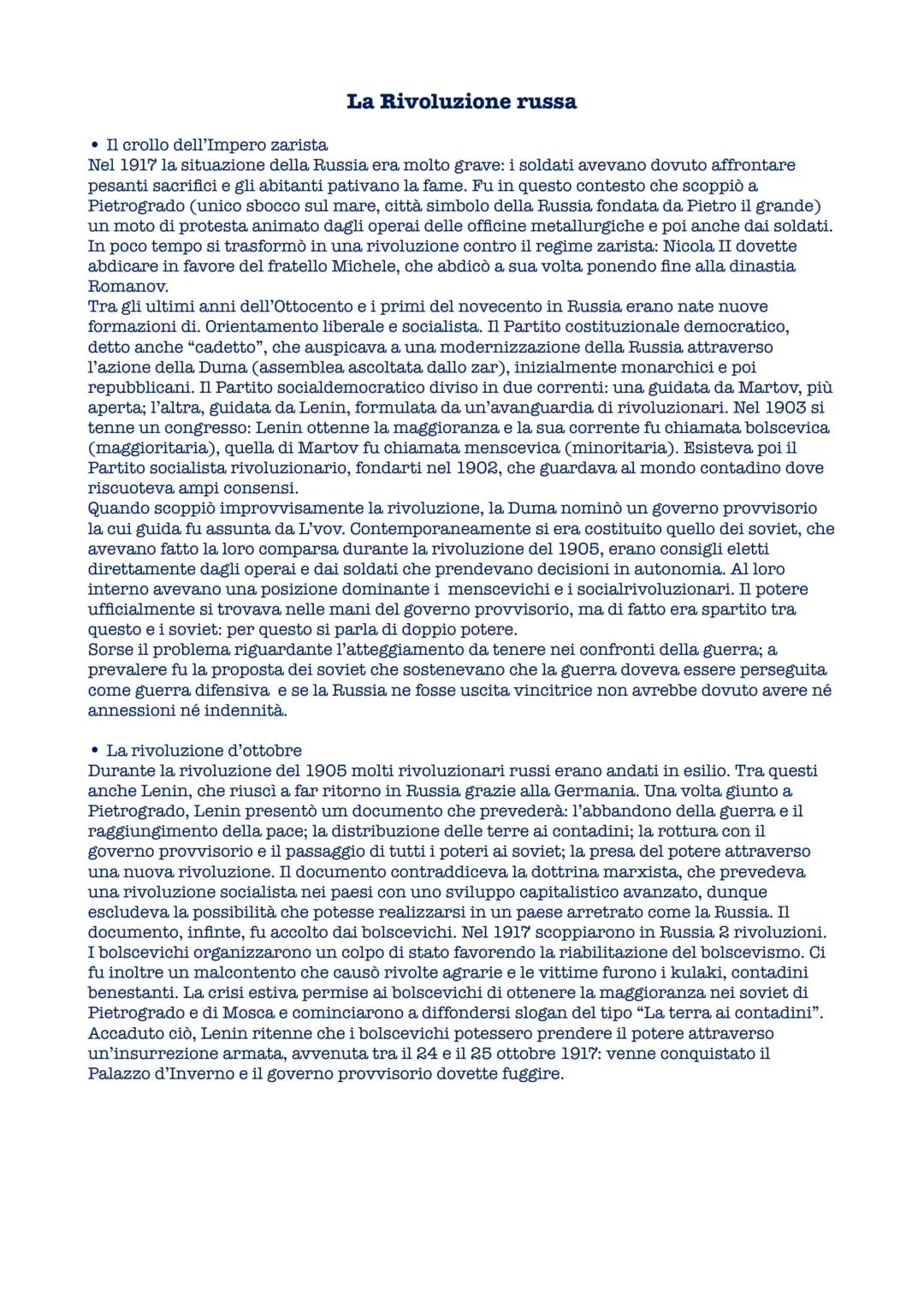 # La Rivoluzione russa
• Il crollo dell'Impero zarista
Nel 1917 la situazione della Russia era molto grave: i soldati avevano dovuto affro
