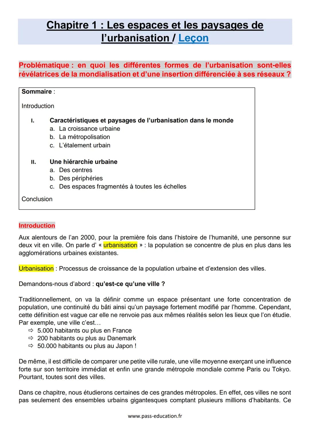 # Chapitre 1: Les espaces et les paysages de
l'urbanisation / Leçon
Problématique en quoi les différentes formes de l'urbanisation sont-ell