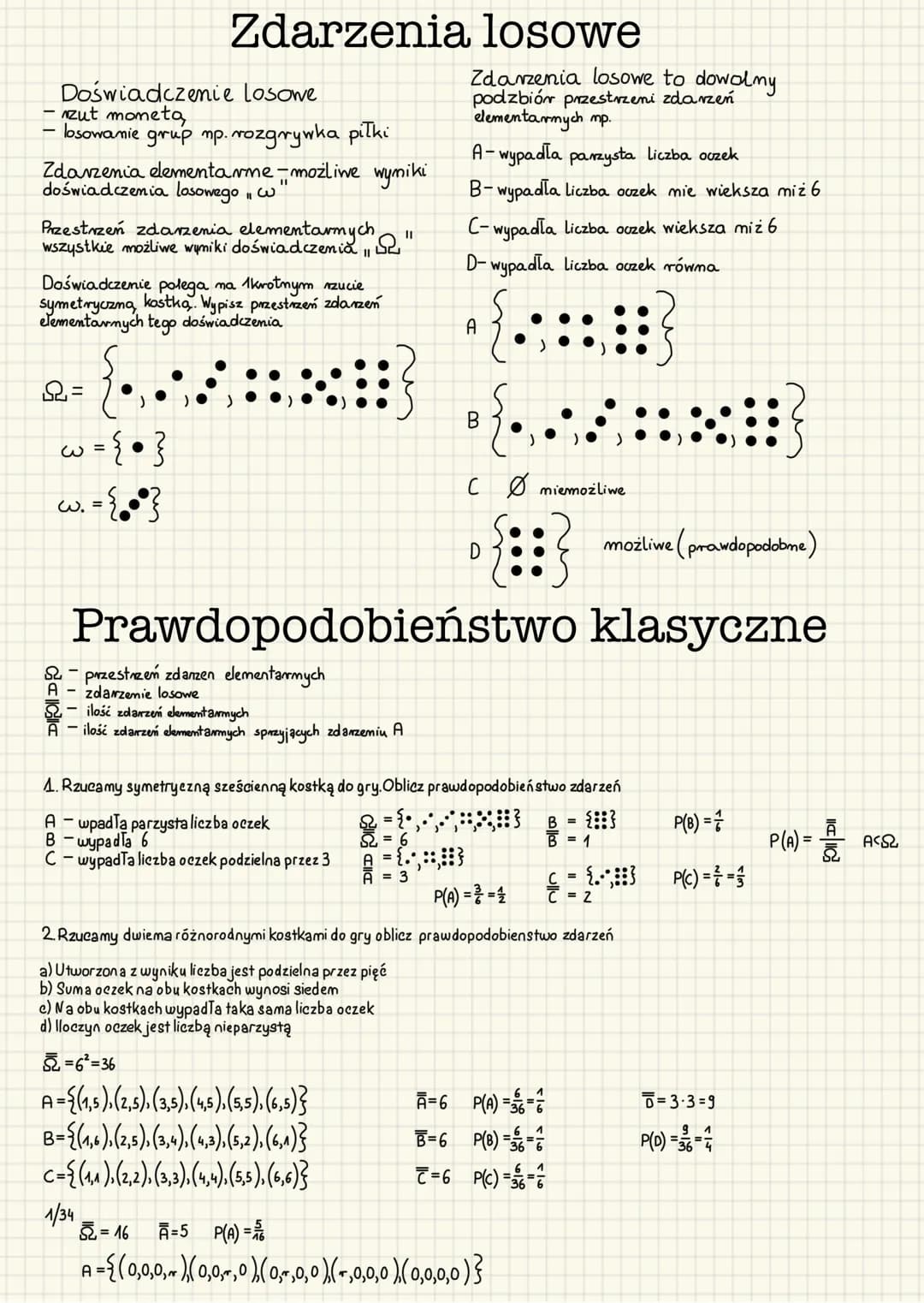 # Zdarzenia losowe
Doświadczenie losowe
- zut mometa,
- losowanie grup np. rozgrywka piłki
Zdarzenia elementarme-możliwe wymiki
doświadcze