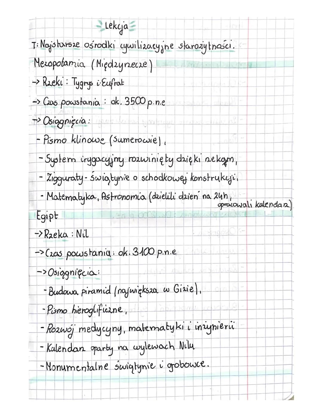 # Lekcja
T: Najstarsze ośrodki cywilizacyjne starożytności.
Mezopotamia (Międzynecze)
→→ Raeki: Tygrys i Eufrat
-> Czas powstania: ok. 3500