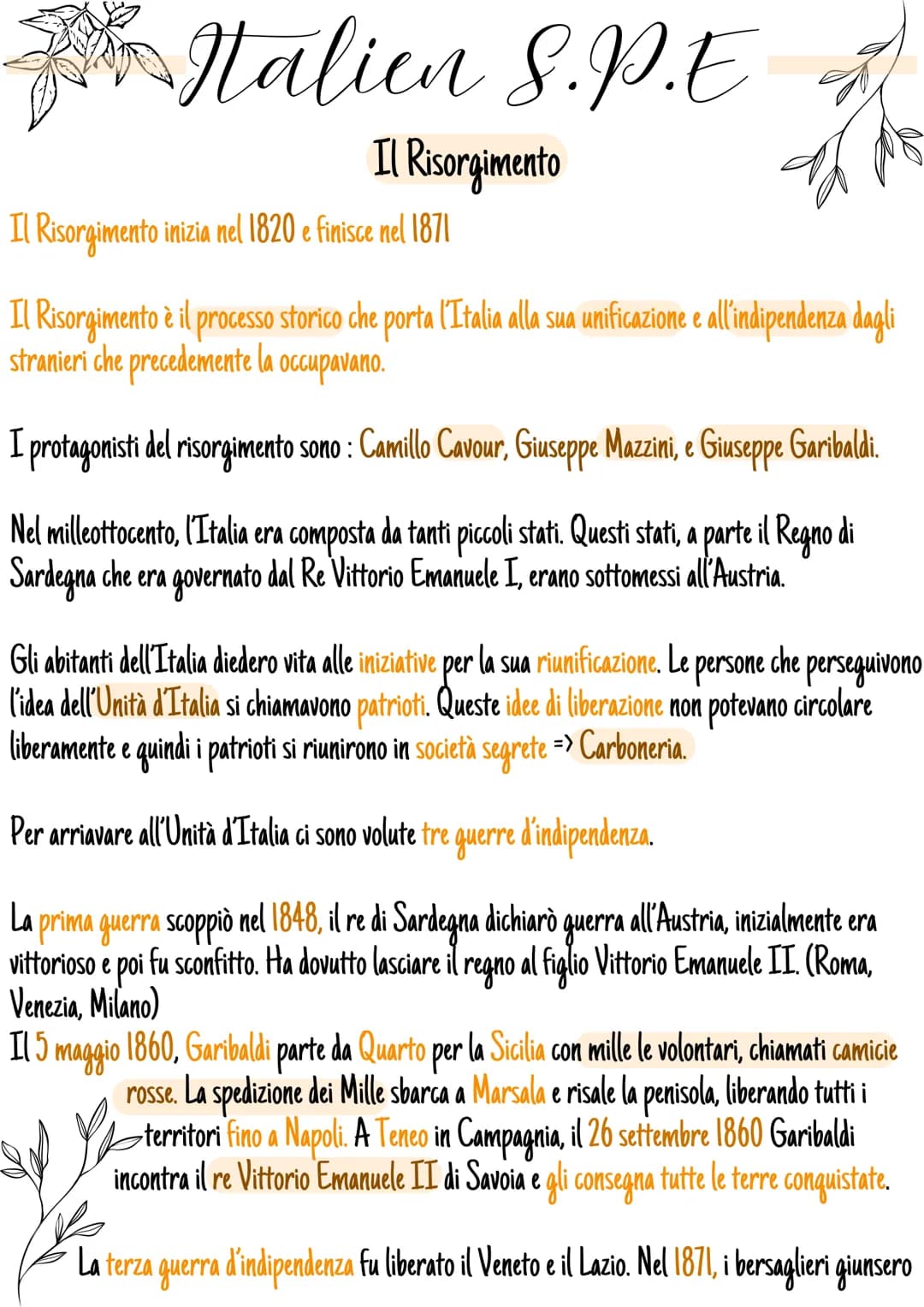 # Italien S.P.E
## Il Risorgimento
Il Risorgimento inizia nel 1820 e finisce nel 1871
Il Risorgimento è il processo storico che porta l'I