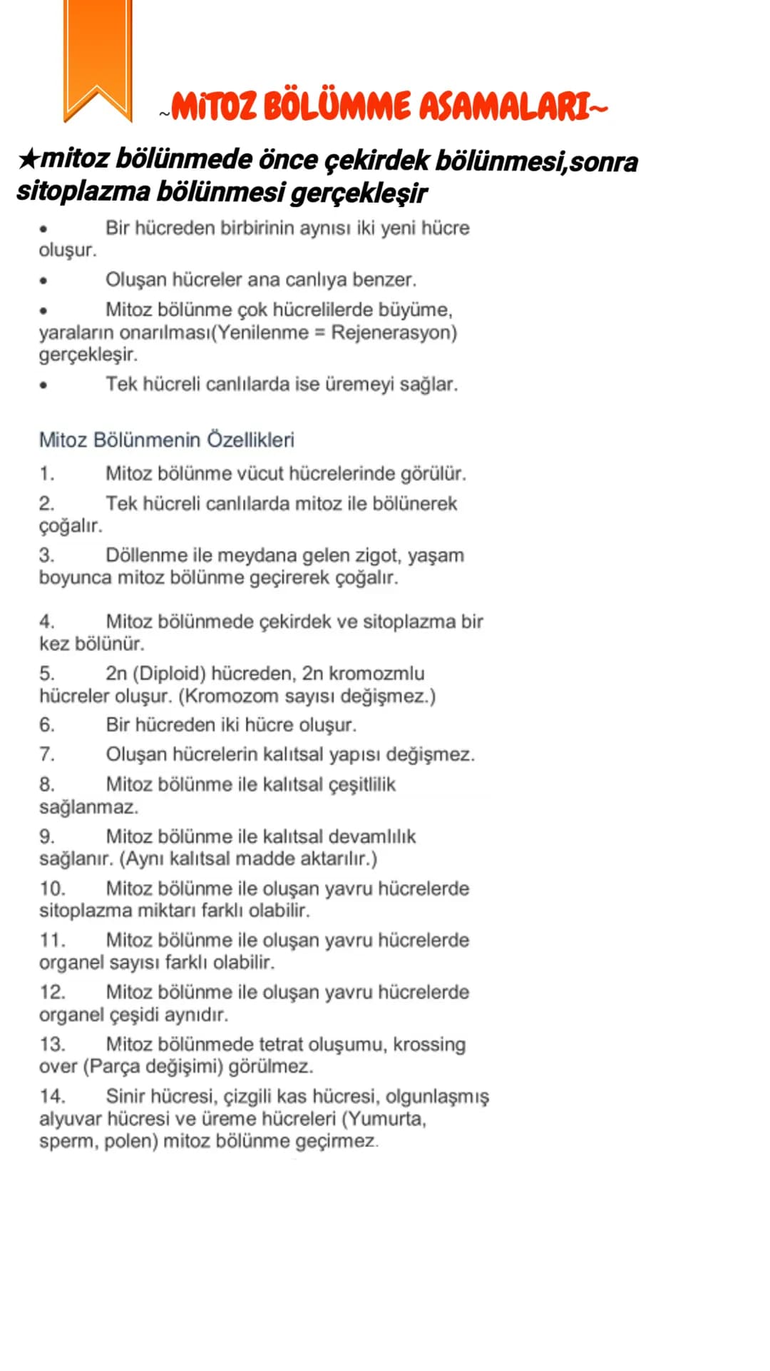 # MITOZ BÖLÜMME ASAMALARI~
★mitoz bölünmede önce çekirdek bölünmesi, sonra
sitoplazma bölünmesi gerçekleşir
- Bir hücreden birbirinin aynı