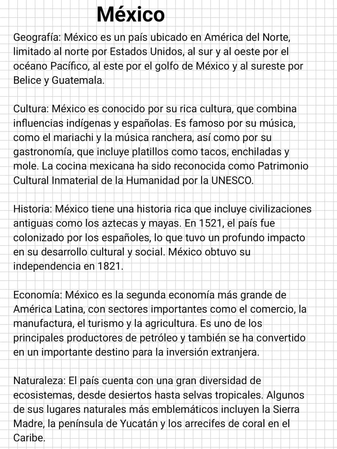# México
Geografía: México es un país ubicado en América del Norte,
limitado al norte por Estados Unidos, al sur y al oeste por el
océano P