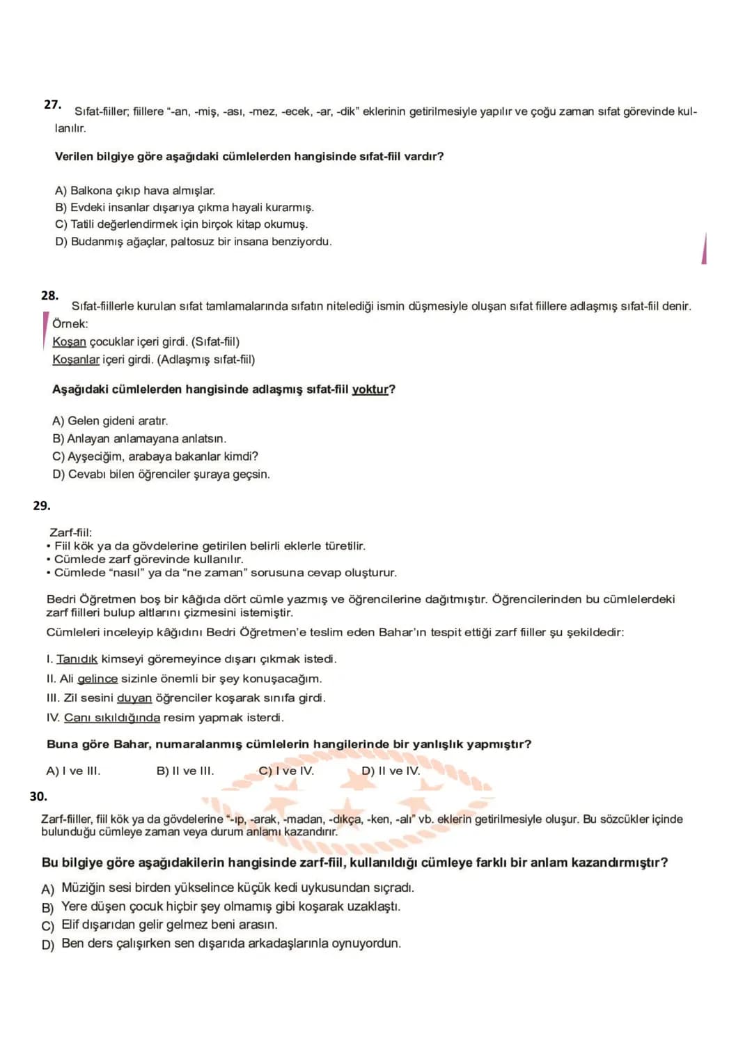 # TEOG, BURSLULUK, KAZANIM TESTLERİ
## ÇIKMIŞ SORULARI
1. Kitapta, beş duyumuzla tanıyıp
1
hoşlandığımız şeylerden, verimli çalışmanın
2
do
